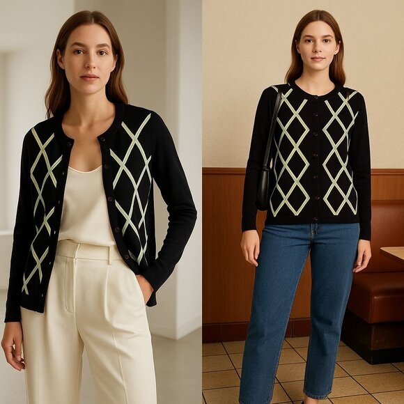 Fairway & Greene Sweaters - Fairway & Greene Women’s Argyle M Pima Cotton Cardigan Black Minimalist Retro